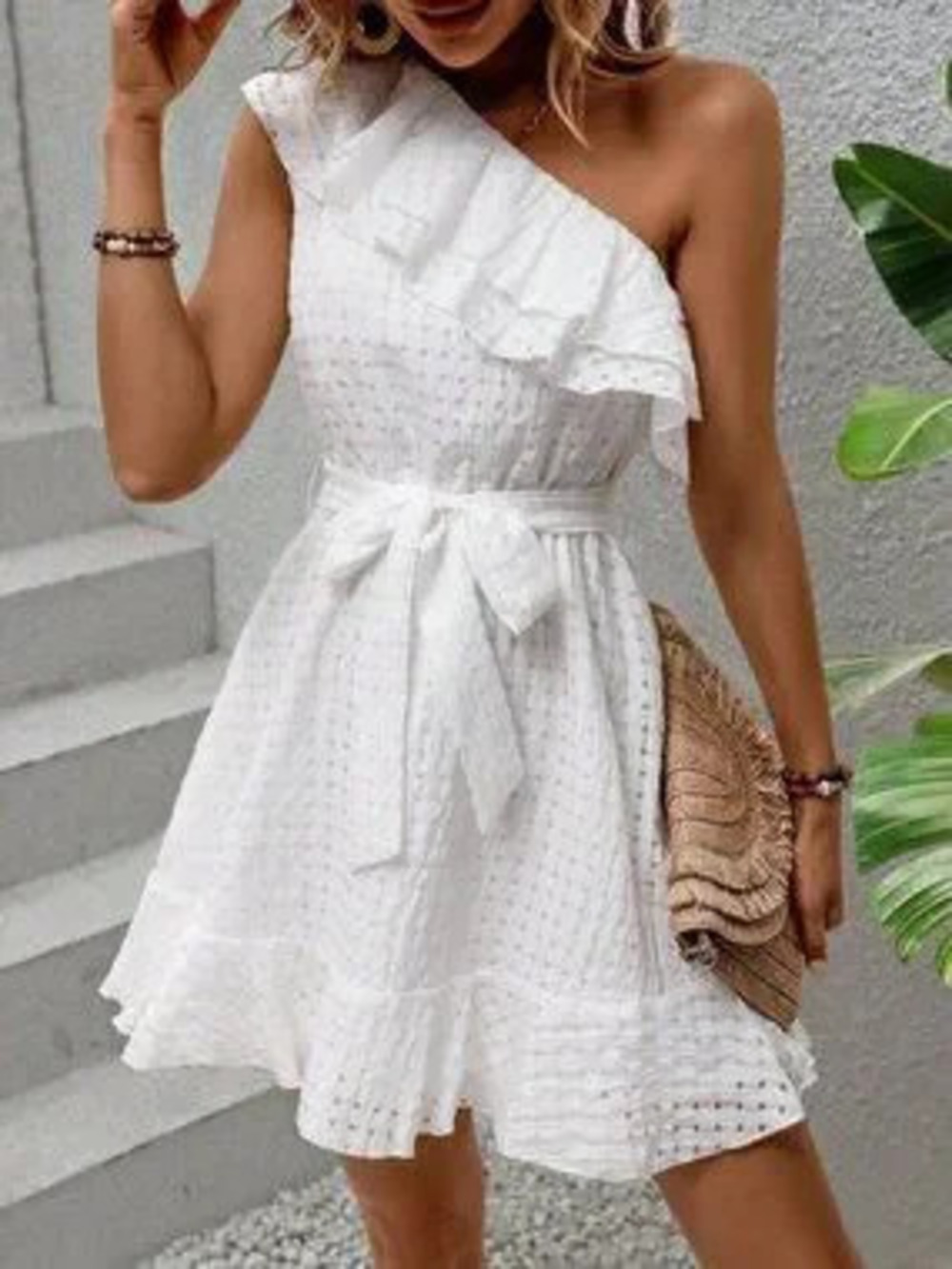 ZARA White Casual Women's One Shoulder Ruffle Trim Belted Dress